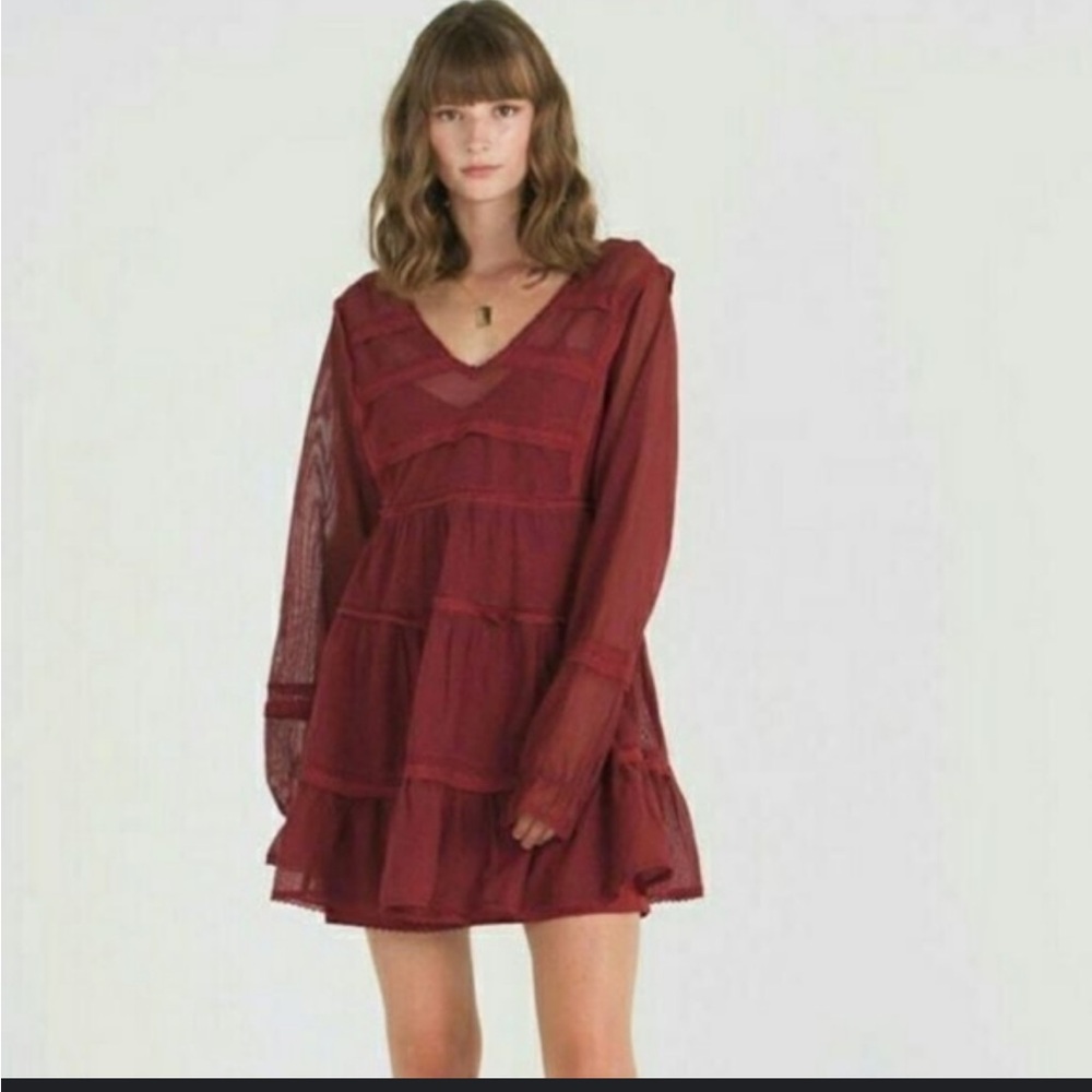 Free People Red V-Neck Bishop Sleeve Sundress